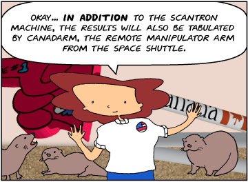 Bridget: Okay… in addition to the Scantron machine, the results will also be tabulated by Canadarm, the remote manipulator arm from the Space Shuttle.