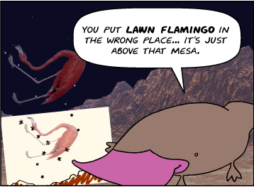 Zeke reviews the map. | Zeke: You put Lawn Flamingo in the wrong place… it's just above that mesa.
