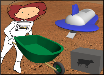 Bridget unloads fertilizer into a wheelbarrow from a space plane.